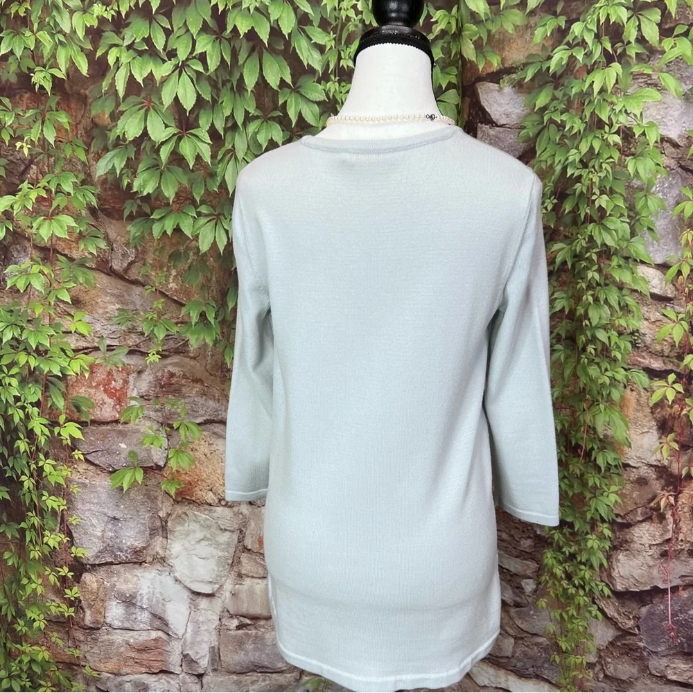 TORY BURCH Luxury Double T-Chain Detail Sage Green/Gray Wool Keyhole Sweater, S